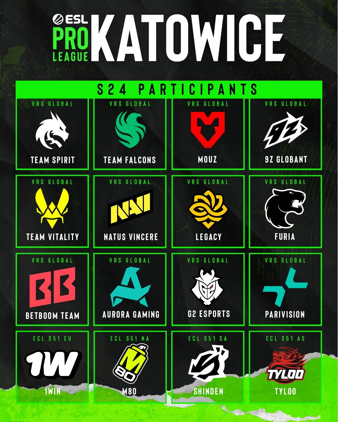 Logotypy 16 drużyn ESL Pro League sezon 24 w Katowicach: 12 z rankingu VRS i 4 z ESL Challenger League S51